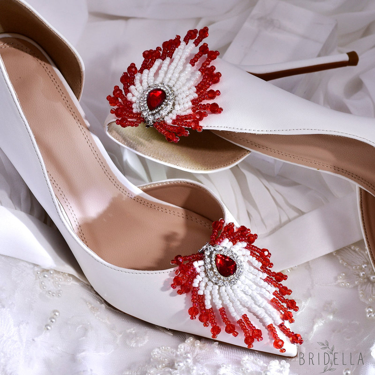 Red Beaded Bridal Shoe Clips Wedding Heel Decoration - Bridella BHX72 - Red
