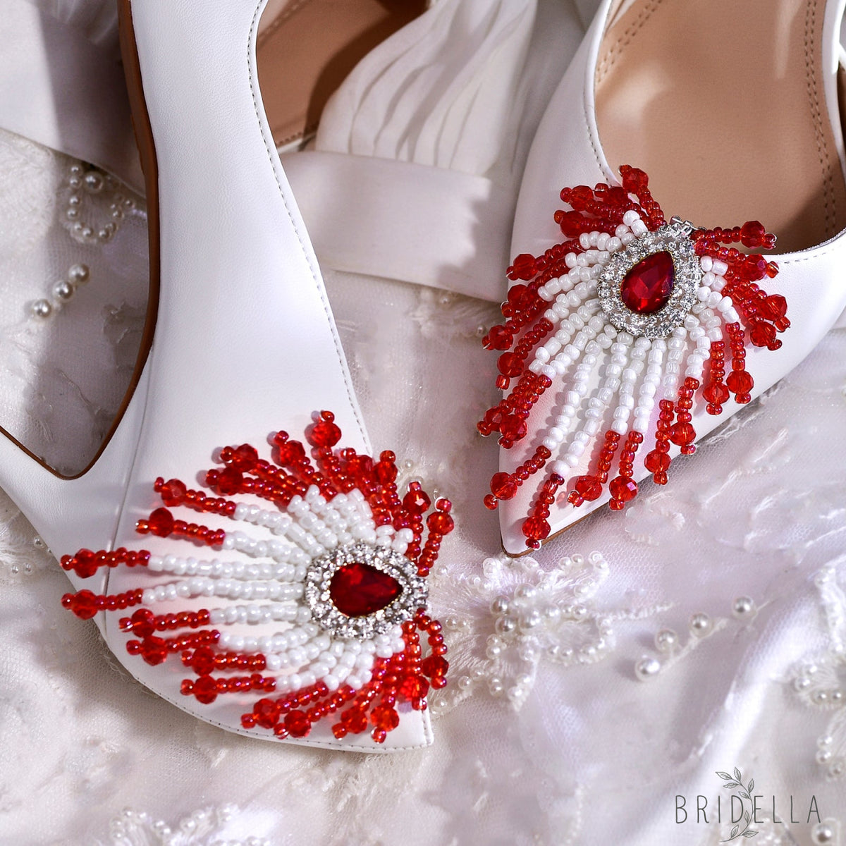 Red Beaded Bridal Shoe Clips Wedding Heel Decoration - Bridella BHX72 - Red