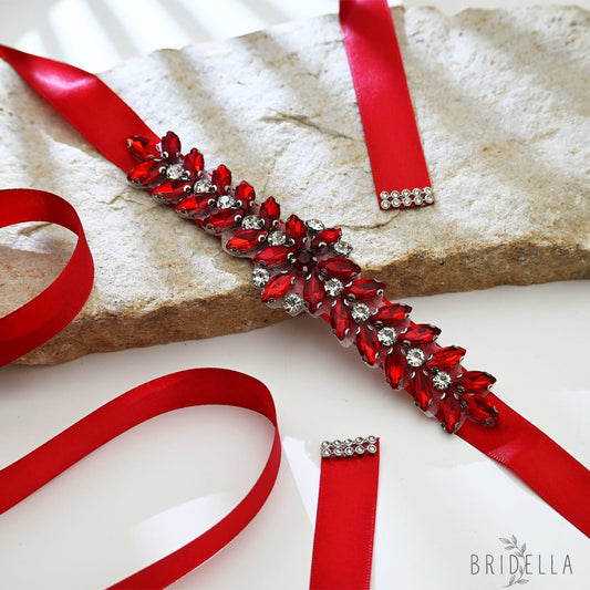 Red Rhinestone Bridal Belt Wedding Sash - Red Ribbon - Belts