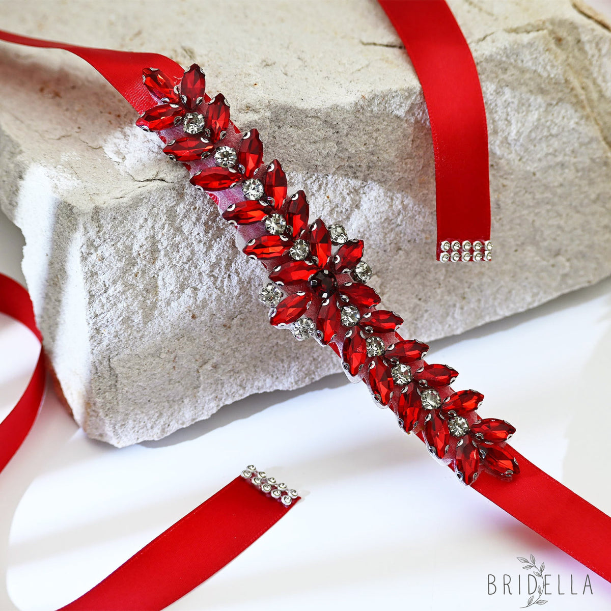 Red Rhinestone Bridal Belt Wedding Sash - Red Ribbon - Belts