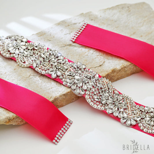 Red Rhinestone Bridal Sash Wedding Dress Belt – Bridella BS120 - Red - Belts
