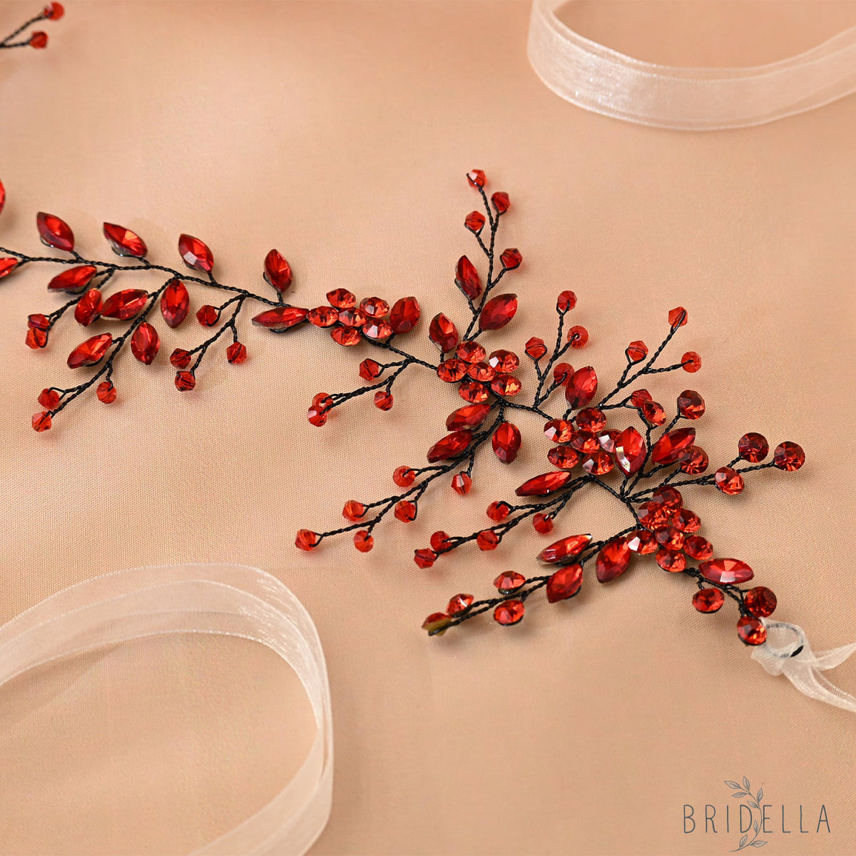 Red Rhinestone & Crystal Bridal Headband for Wedding - Bridella BHP65-R - Red