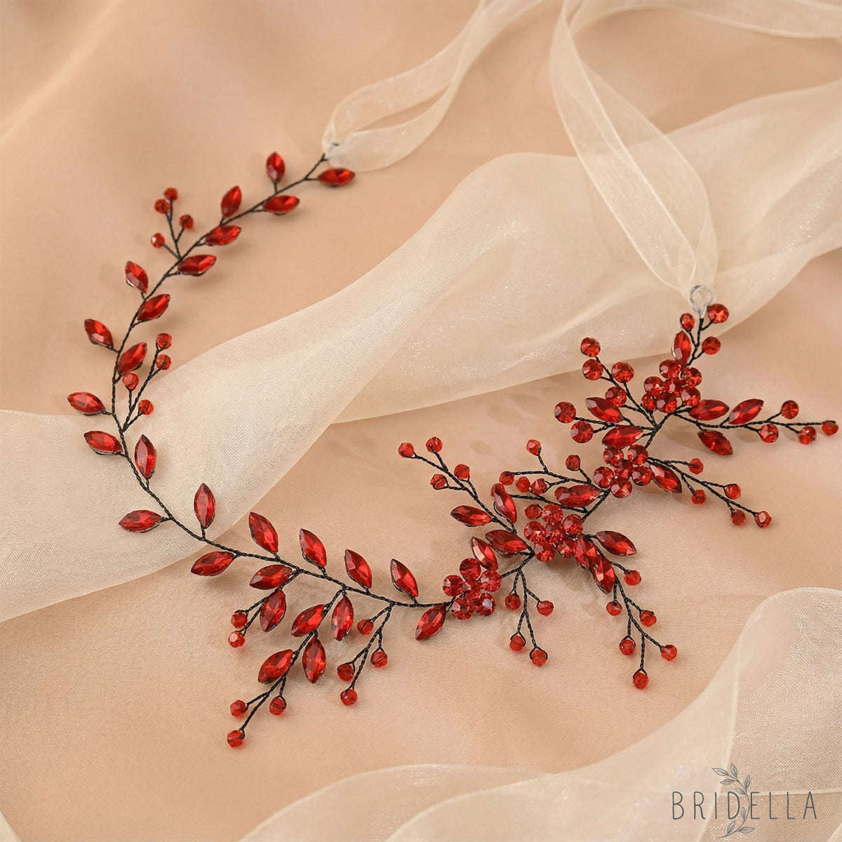 Red Rhinestone & Crystal Bridal Headband for Wedding - Bridella BHP65-R - Red