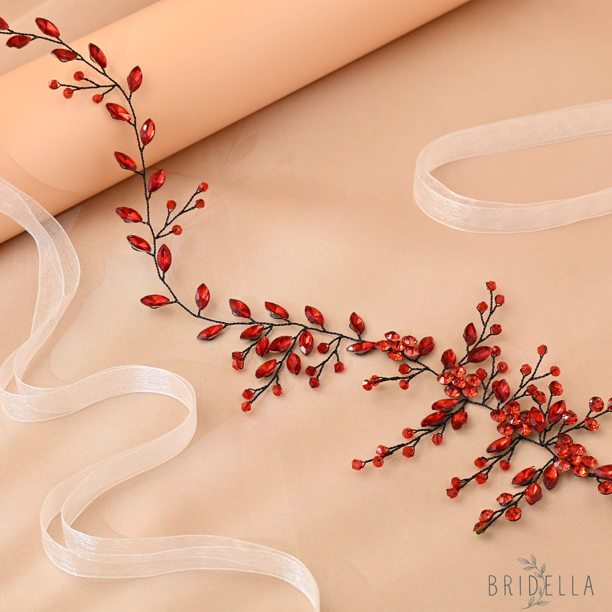 Red Rhinestone & Crystal Bridal Headband for Wedding - Bridella BHP65-R - Red