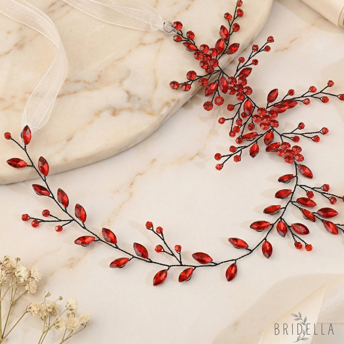 Red Rhinestone & Crystal Bridal Headband for Wedding - Bridella BHP65-R - Red