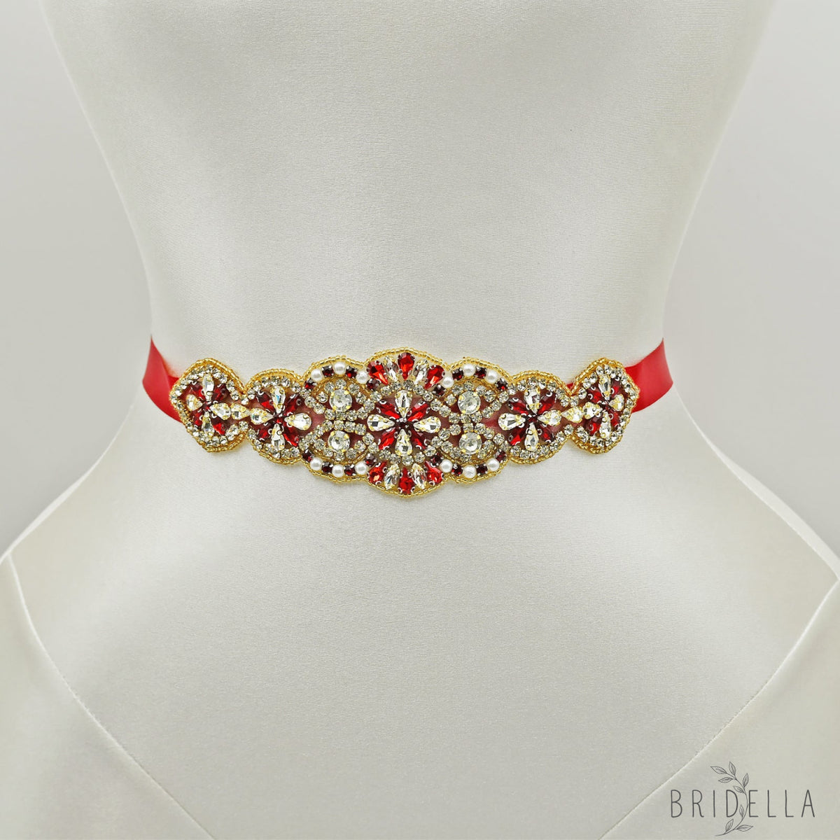 Red Rhinestone Pearl Bridal Belt Wedding Sash - Bridella BS94R - Red Ribbon - Belts