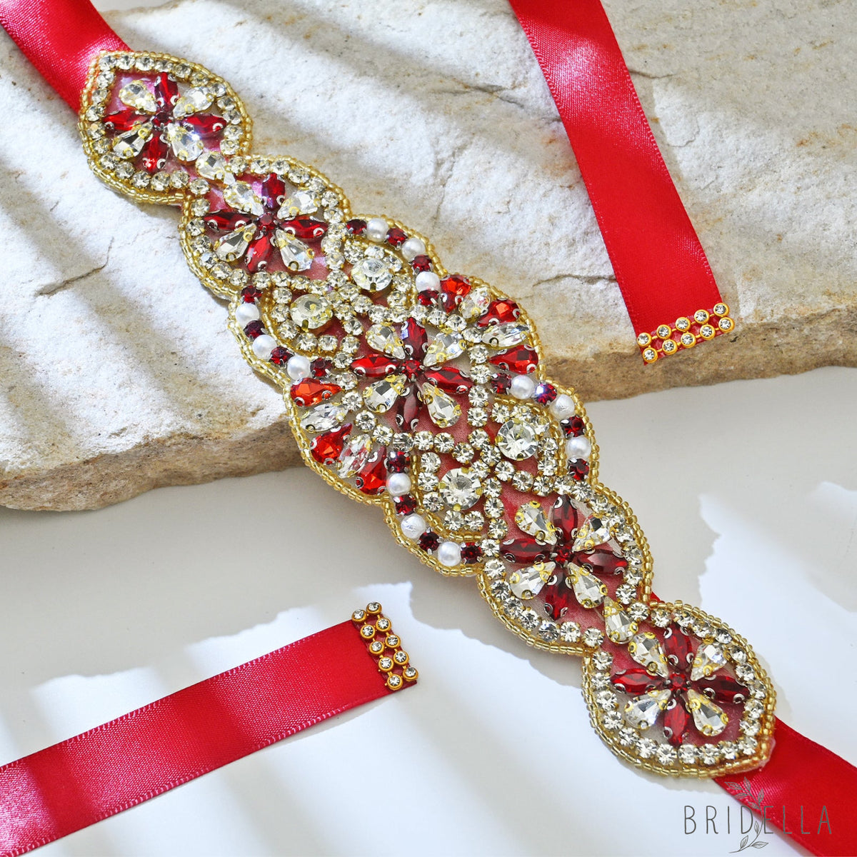 Red Rhinestone Pearl Bridal Belt Wedding Sash - Bridella BS94R - Red Ribbon - Belts