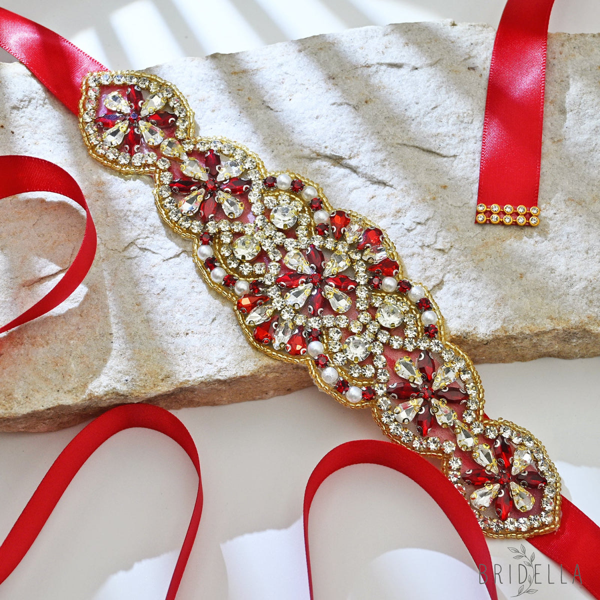 Red Rhinestone Pearl Bridal Belt Wedding Sash - Bridella BS94R - Red Ribbon - Belts