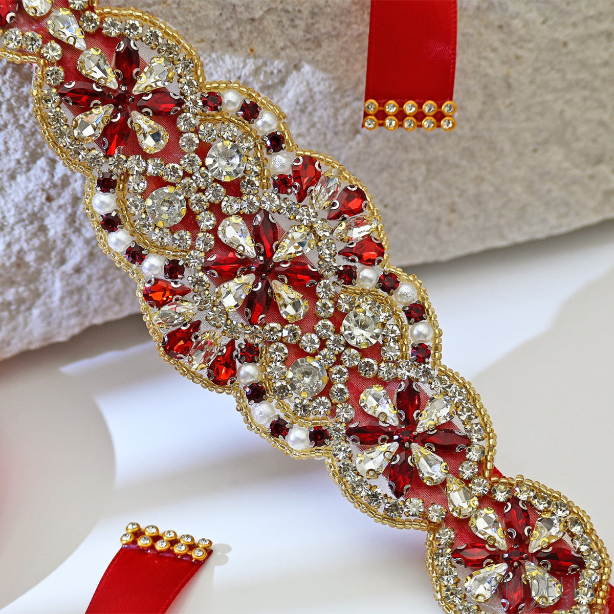 Red Rhinestone Pearl Bridal Belt Wedding Sash - Bridella BS94R - Red Ribbon - Belts