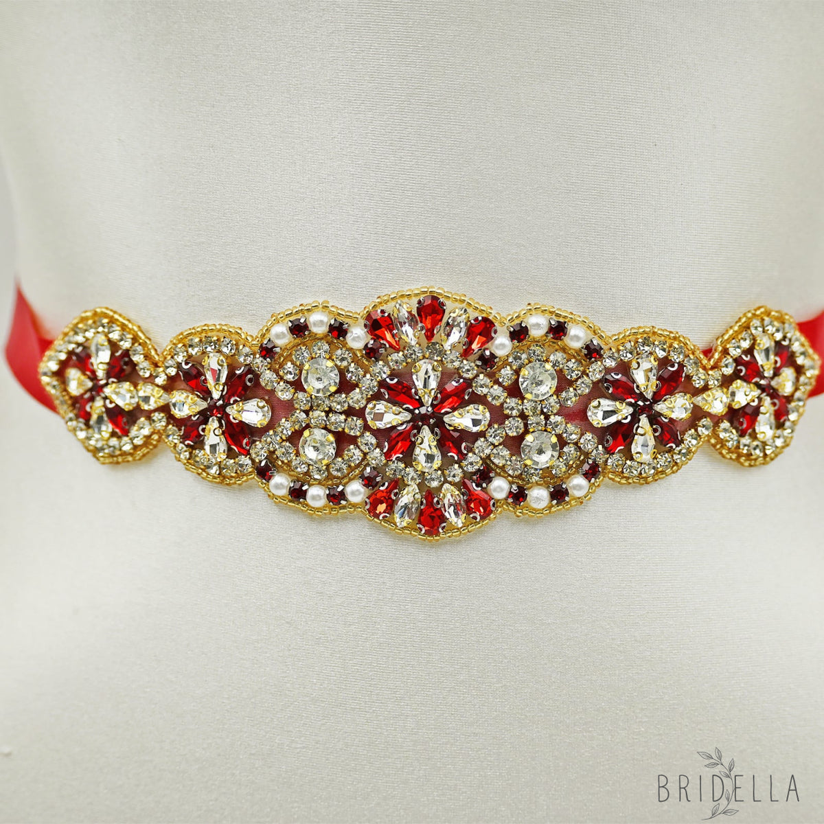 Red Rhinestone Pearl Bridal Belt Wedding Sash - Bridella BS94R - Red Ribbon - Belts