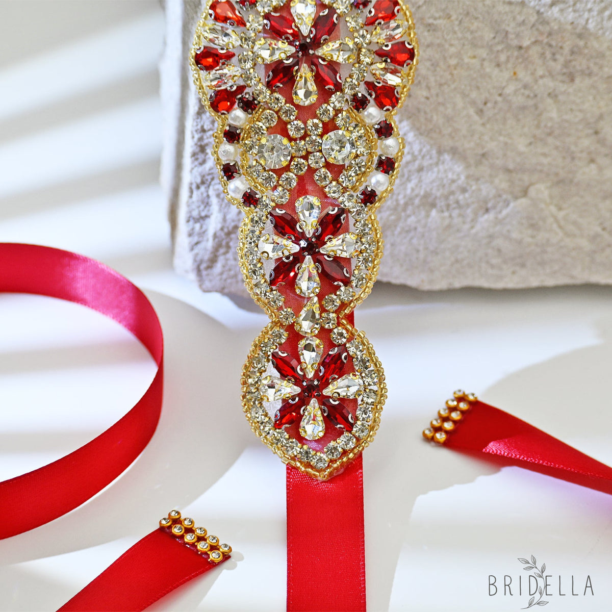 Red Rhinestone Pearl Bridal Belt Wedding Sash - Bridella BS94R - Red Ribbon - Belts