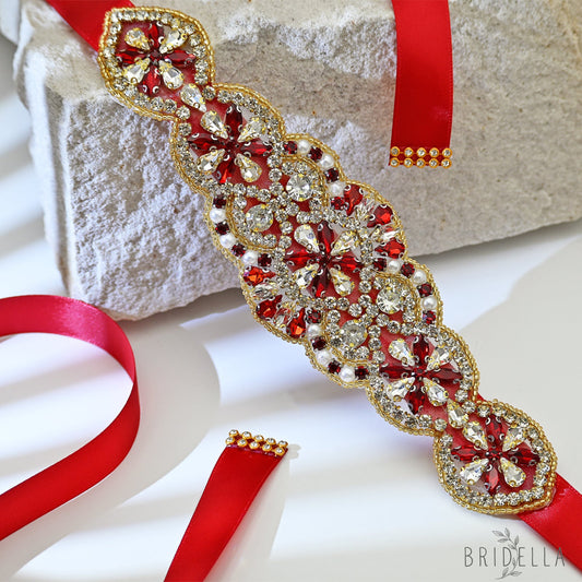 Red Rhinestone Pearl Bridal Belt Wedding Sash - Bridella BS94R - Red Ribbon - Belts