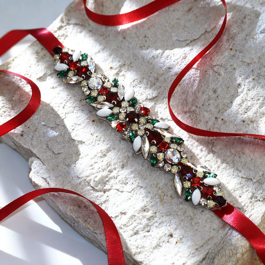 Red Satin Crystal Bridal Belt Wedding Sash – Bridella BS477-R - Red RIbbon - Blets