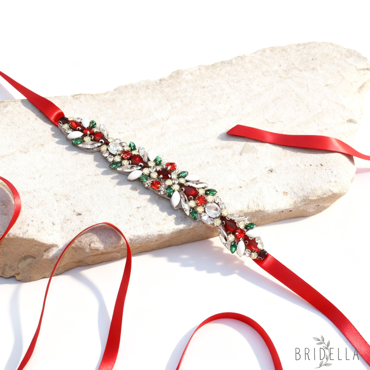 Red Satin Crystal Bridal Belt Wedding Sash – Bridella BS477-R - Red RIbbon - Blets