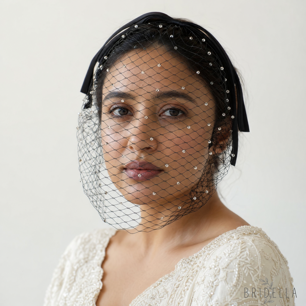 Rhinestone Birdcage Bridal Veil Wedding Headband Veil - Bridella BMA21-B - Black