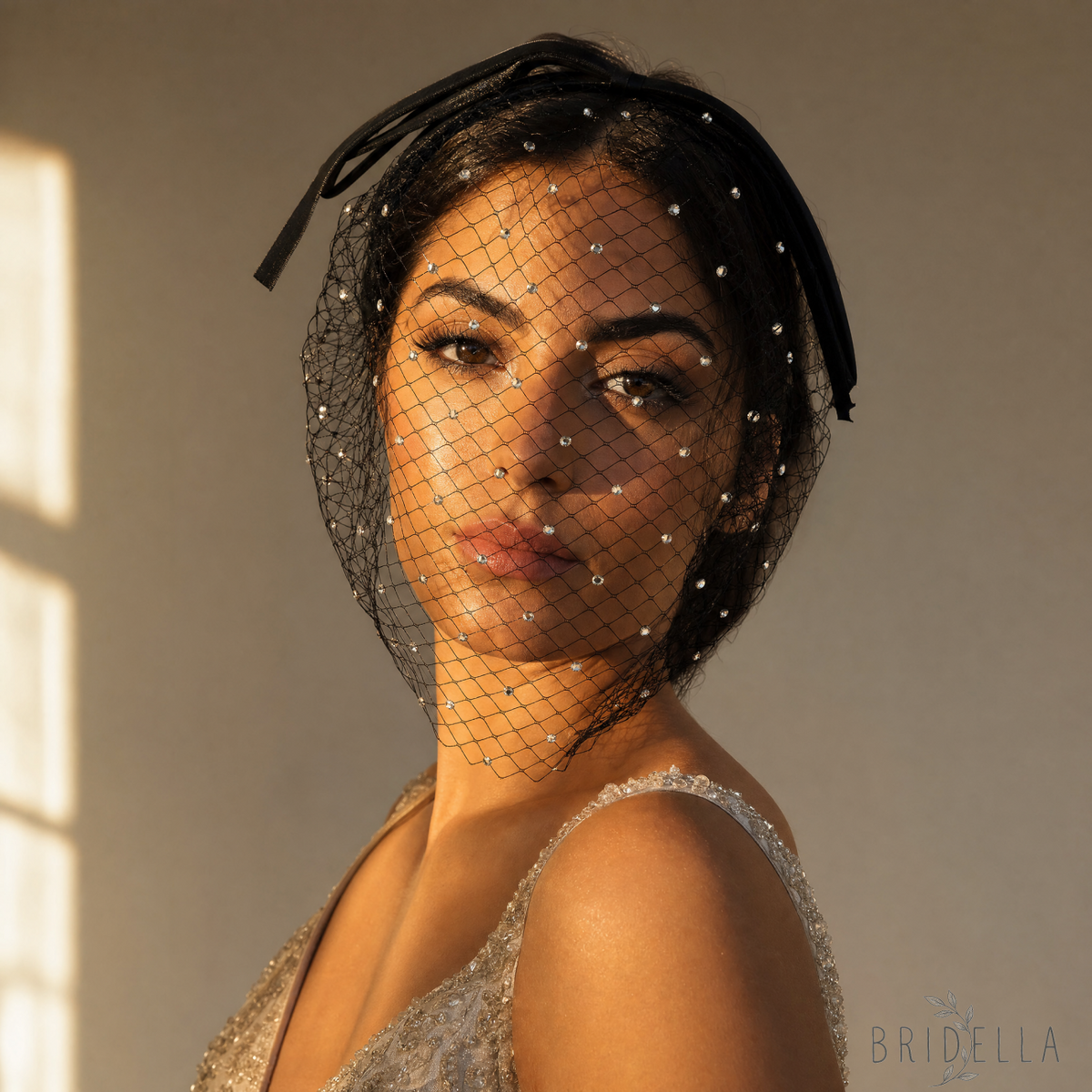 Rhinestone Birdcage Bridal Veil Wedding Headband Veil - Bridella BMA21-B - Black