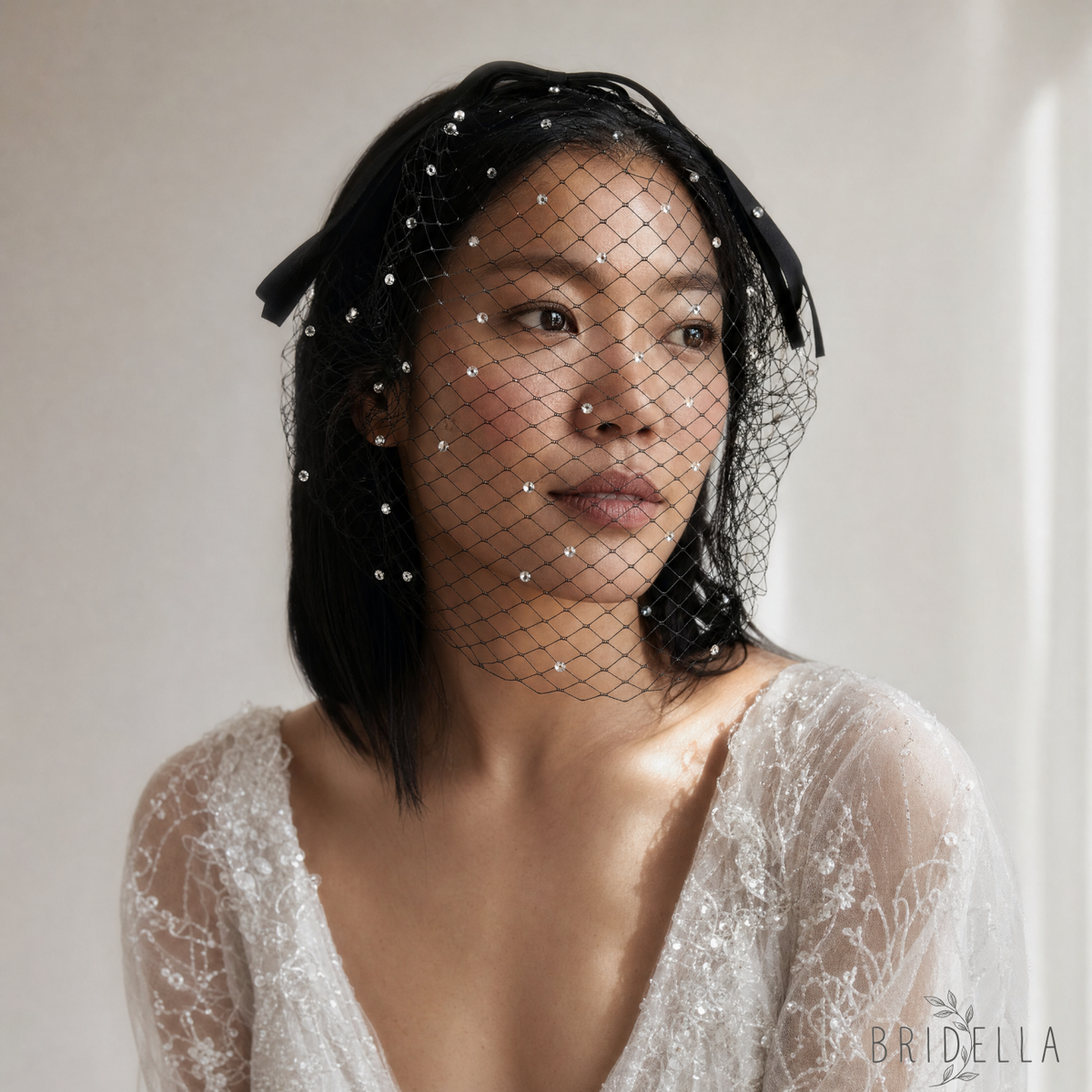 Rhinestone Birdcage Bridal Veil Wedding Headband Veil - Bridella BMA21-B - Black