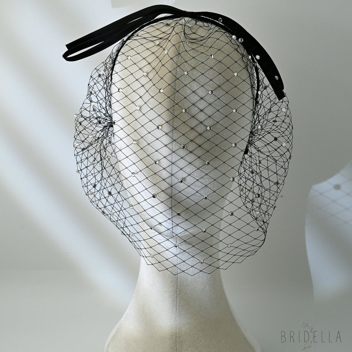 Rhinestone Birdcage Bridal Veil Wedding Headband Veil - Bridella BMA21-B - Black