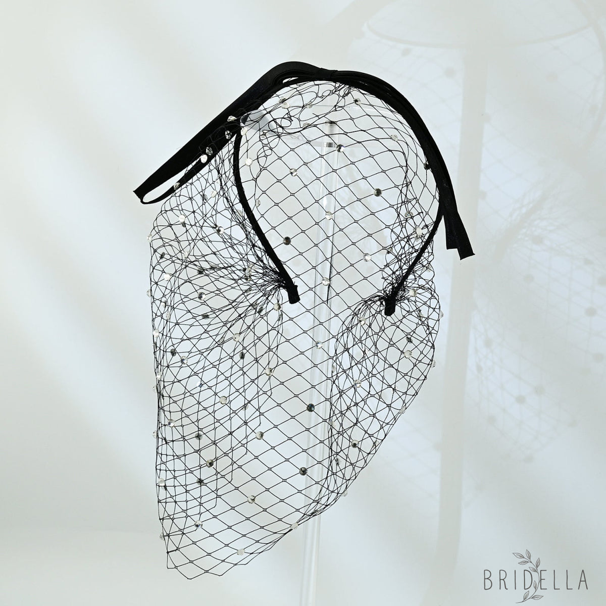 Rhinestone Birdcage Bridal Veil Wedding Headband Veil - Bridella BMA21-B - Black
