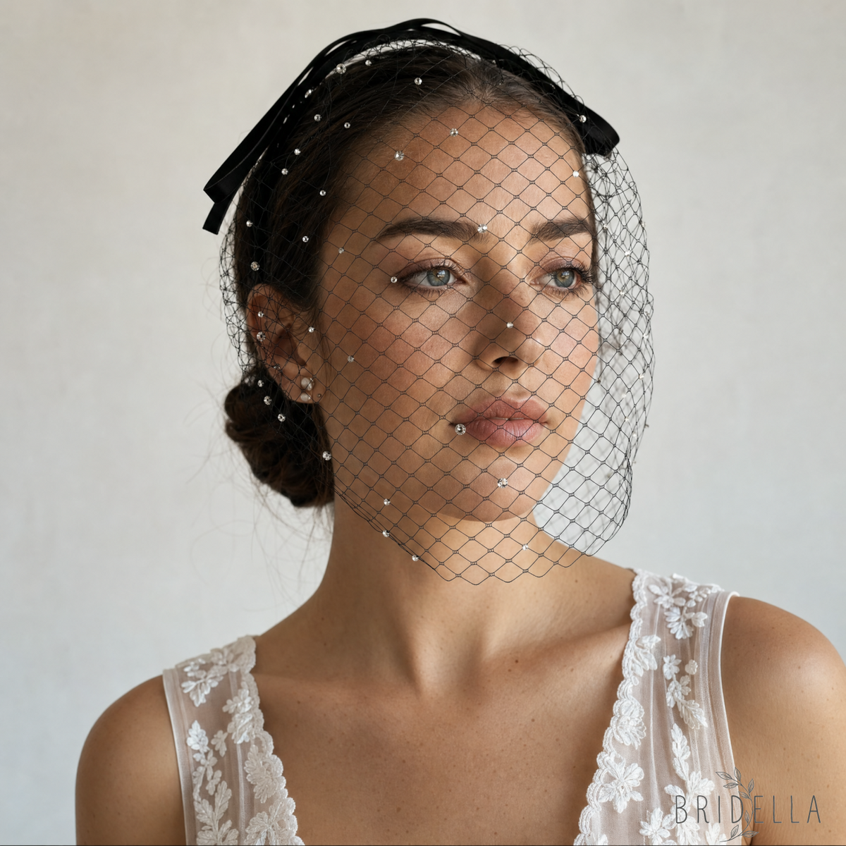Rhinestone Birdcage Bridal Veil Wedding Headband Veil - Bridella BMA21-B - Black