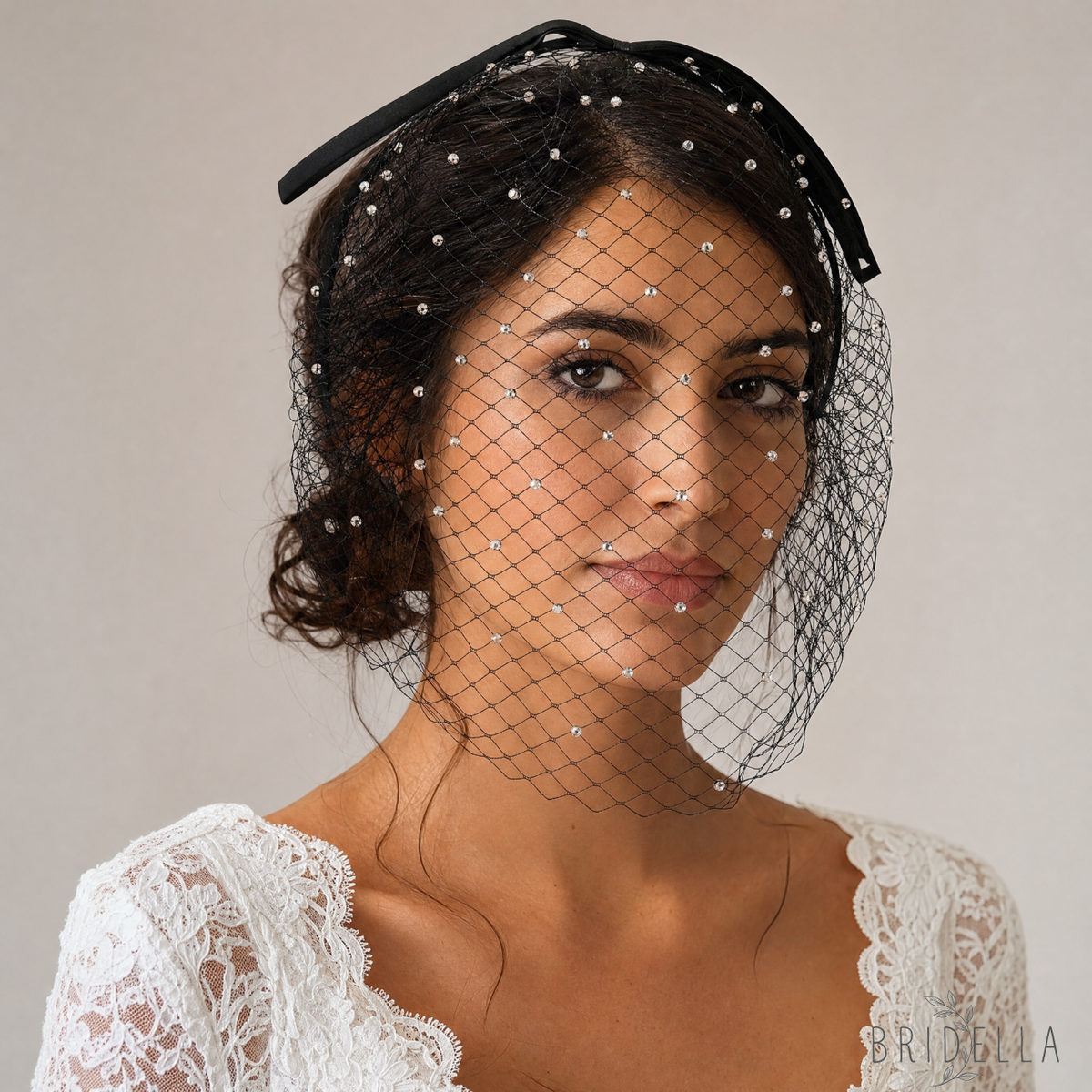 Rhinestone Birdcage Bridal Veil Wedding Headband Veil - Bridella BMA21-B - Black