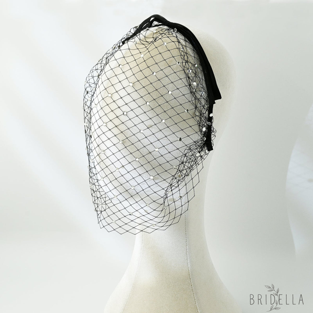 Rhinestone Birdcage Bridal Veil Wedding Headband Veil - Bridella BMA21-B - Black