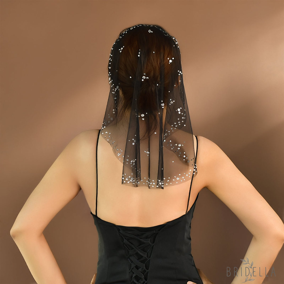 Rhinestone Black Blusher Bridal Veil Short Wedding Veil - Bridella BMA14-B - Black