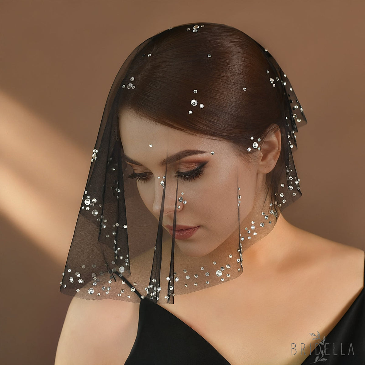 Rhinestone Black Blusher Bridal Veil Short Wedding Veil - Bridella BMA14-B - Black