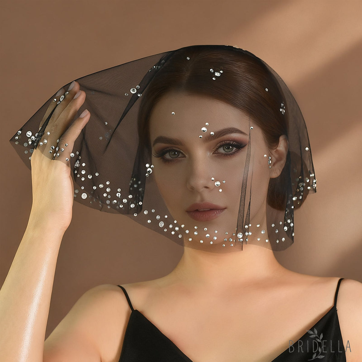 Rhinestone Black Blusher Bridal Veil Short Wedding Veil - Bridella BMA14-B - Black