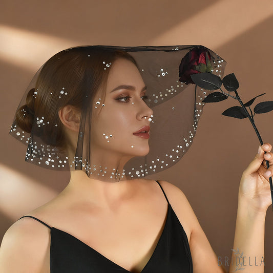 Rhinestone Black Blusher Bridal Veil Short Wedding Veil - Bridella BMA14-B - Black