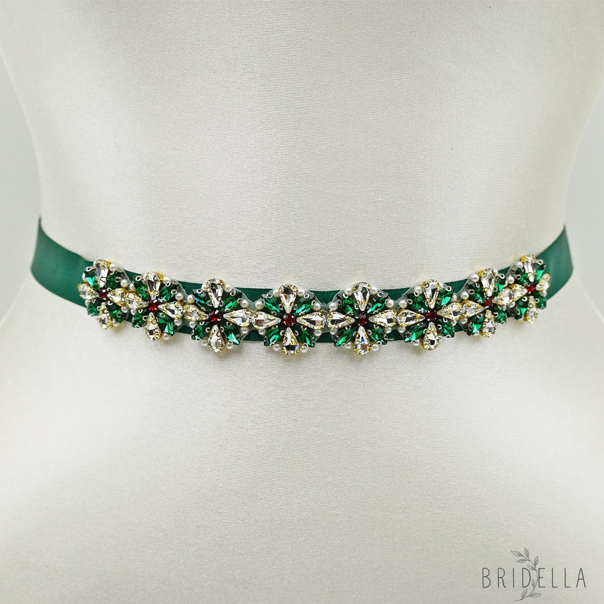 Rhinestone Pearl Ribbon Belt Wedding Prom Green Bridella BS205 - red 1 - Belts