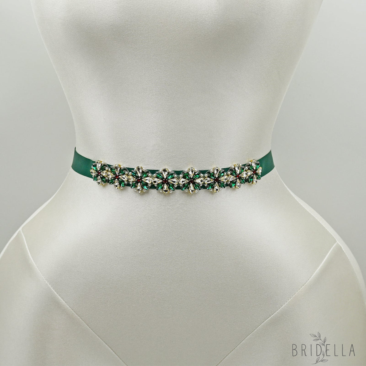 Rhinestone Pearl Ribbon Belt Wedding Prom Green Bridella BS205 - red 1 - Belts