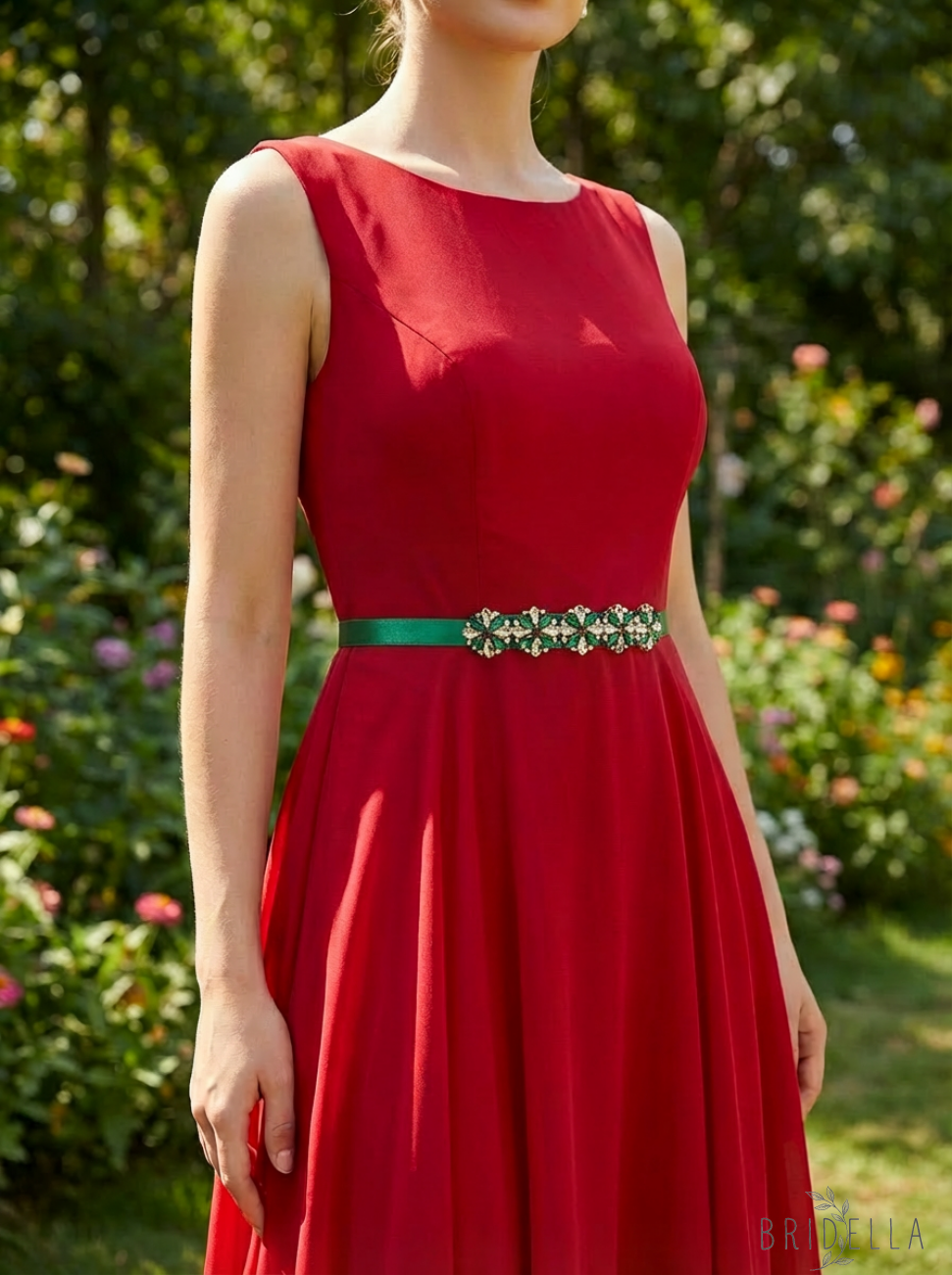 Rhinestone Pearl Ribbon Belt Wedding Prom Green Bridella BS205 - red 1 - Belts