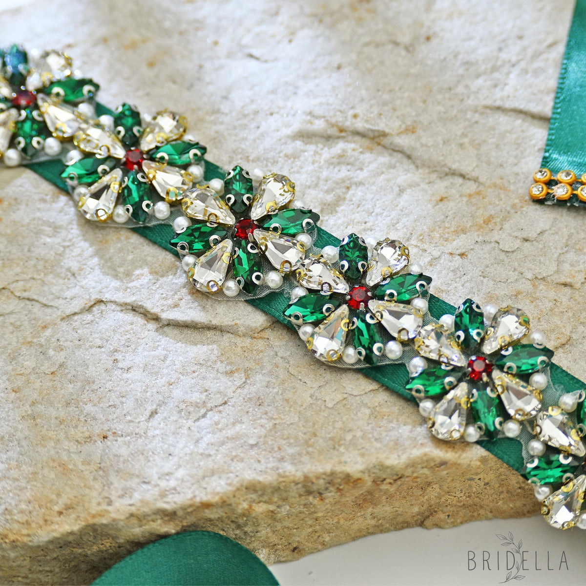 Rhinestone Pearl Ribbon Belt Wedding Prom Green Bridella BS205 - red 1 - Belts