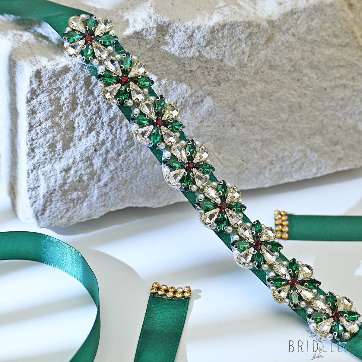 Rhinestone Pearl Ribbon Belt Wedding Prom Green Bridella BS205 - red 1 - Belts