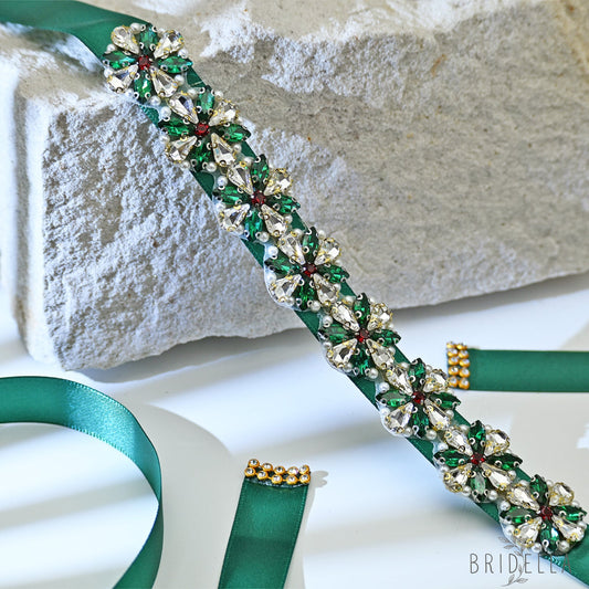 Rhinestone Pearl Ribbon Belt Wedding Prom Green Bridella BS205 - red 1 - Belts