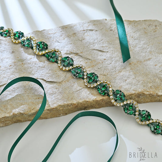 Rhinestone Ribbon Belt Wedding Prom Emerald Green Bridella BS203KL - red 1 - Belts