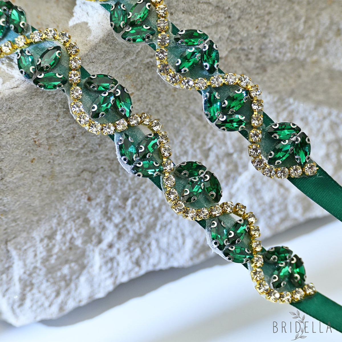 Rhinestone Ribbon Belt Wedding Prom Emerald Green Bridella BS203KL - red 1 - Belts