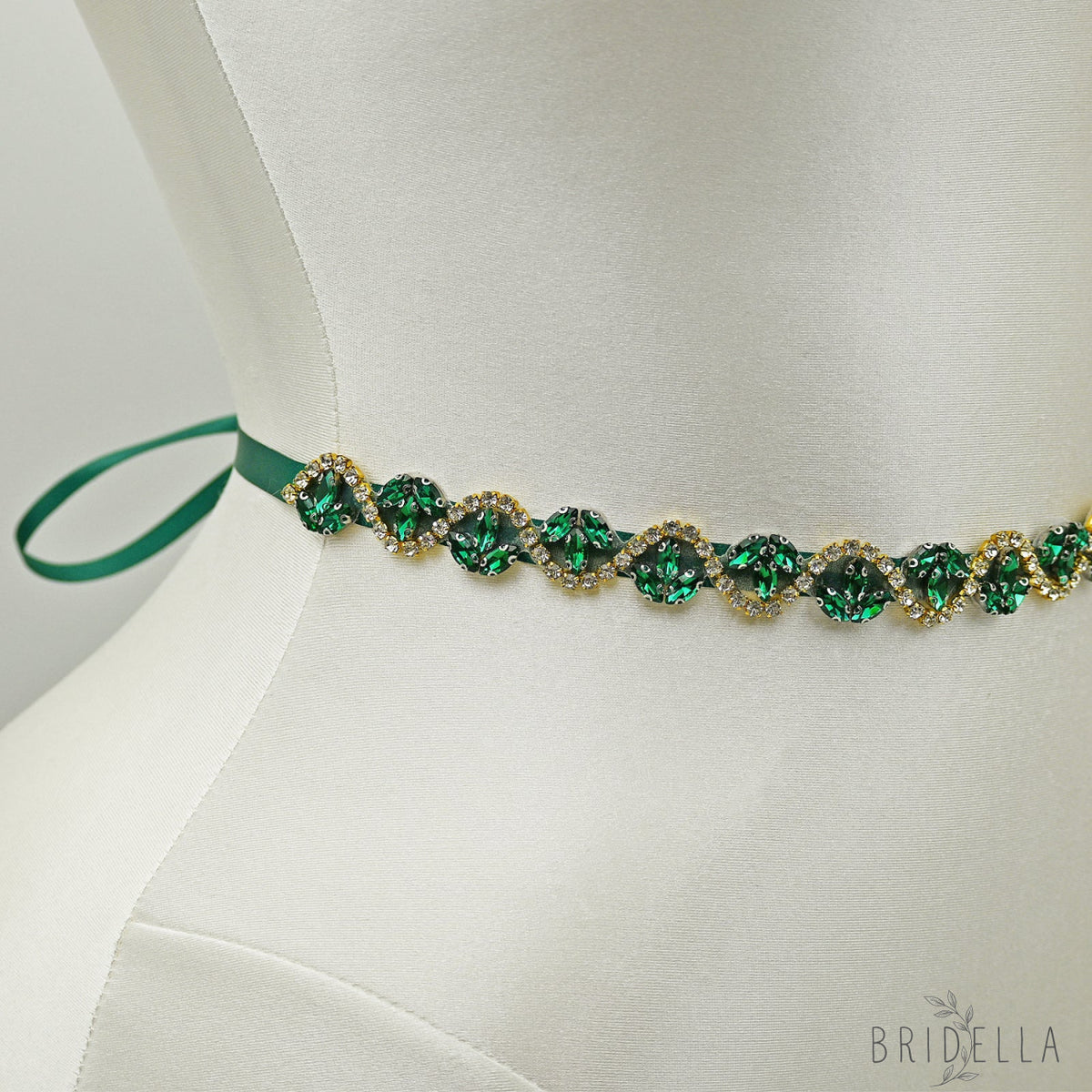 Rhinestone Ribbon Belt Wedding Prom Emerald Green Bridella BS203KL - red 1 - Belts