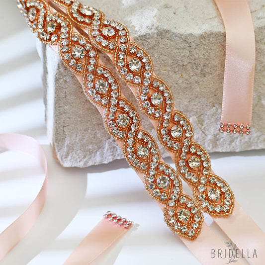 Rose Gold Rhinestone Bridal Belt Wedding Sash - Retro Pink Ribbon - Belts