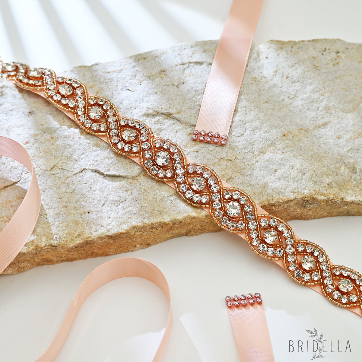 Rose Gold Rhinestone Bridal Belt Wedding Sash - Retro Pink Ribbon - Belts