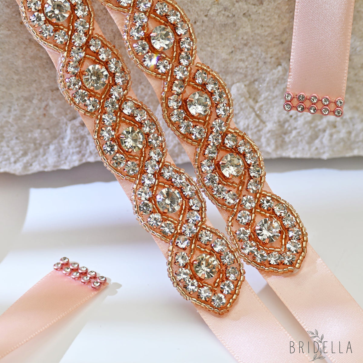 Rose Gold Rhinestone Bridal Belt Wedding Sash - Retro Pink Ribbon - Belts
