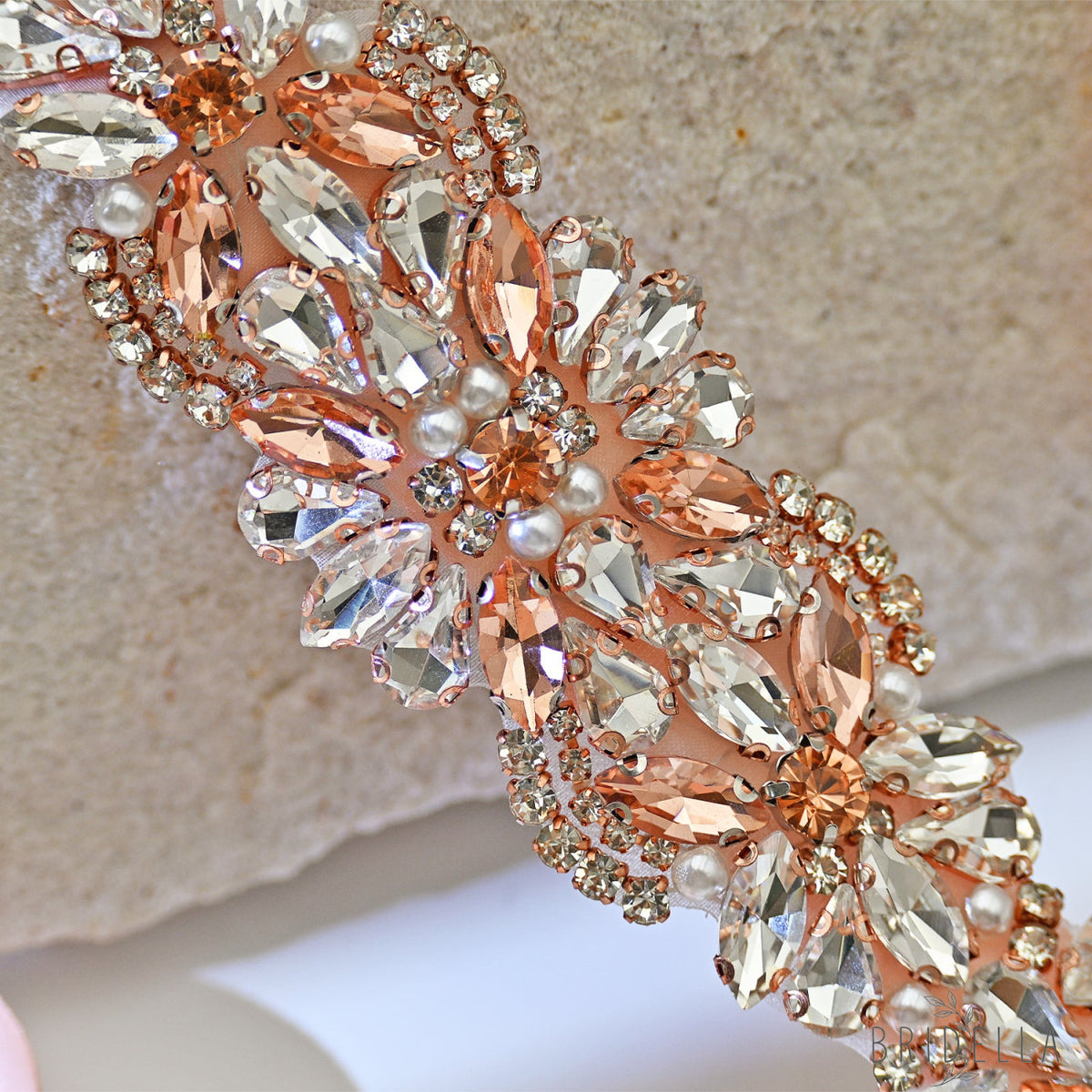 Rose Gold Rhinestone Bridal Dress Belt for Wedding - Bridella BS423-RG - Retro Pink Ribbon - Belts