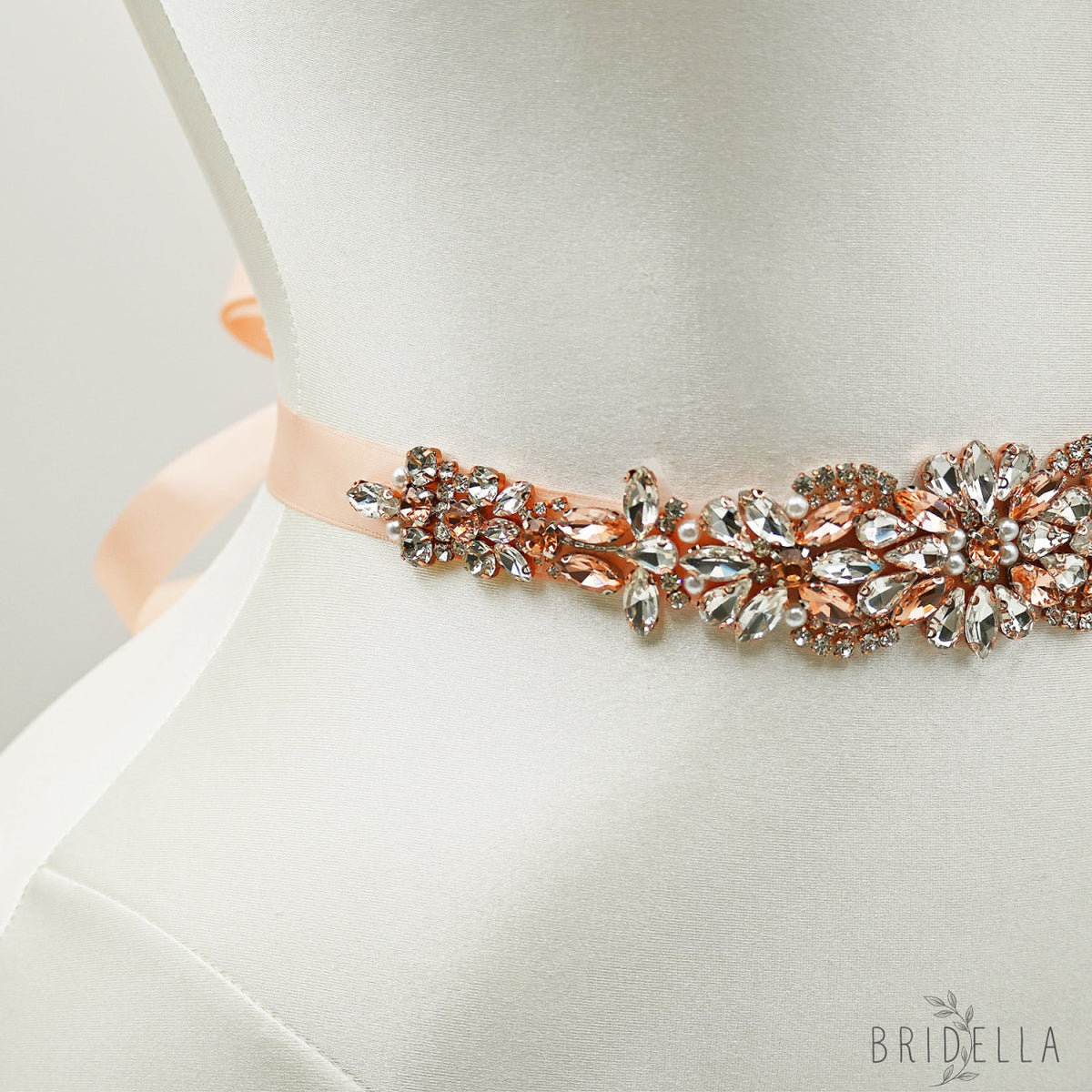 Rose Gold Rhinestone Bridal Dress Belt for Wedding - Bridella BS423-RG - Retro Pink Ribbon - Belts