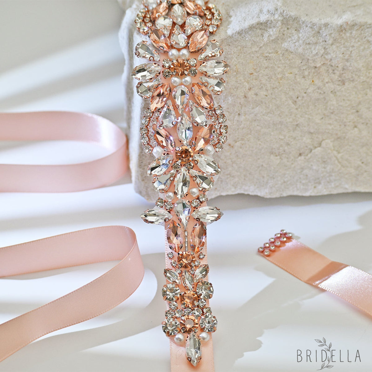 Rose Gold Rhinestone Bridal Dress Belt for Wedding - Bridella BS423-RG - Retro Pink Ribbon - Belts