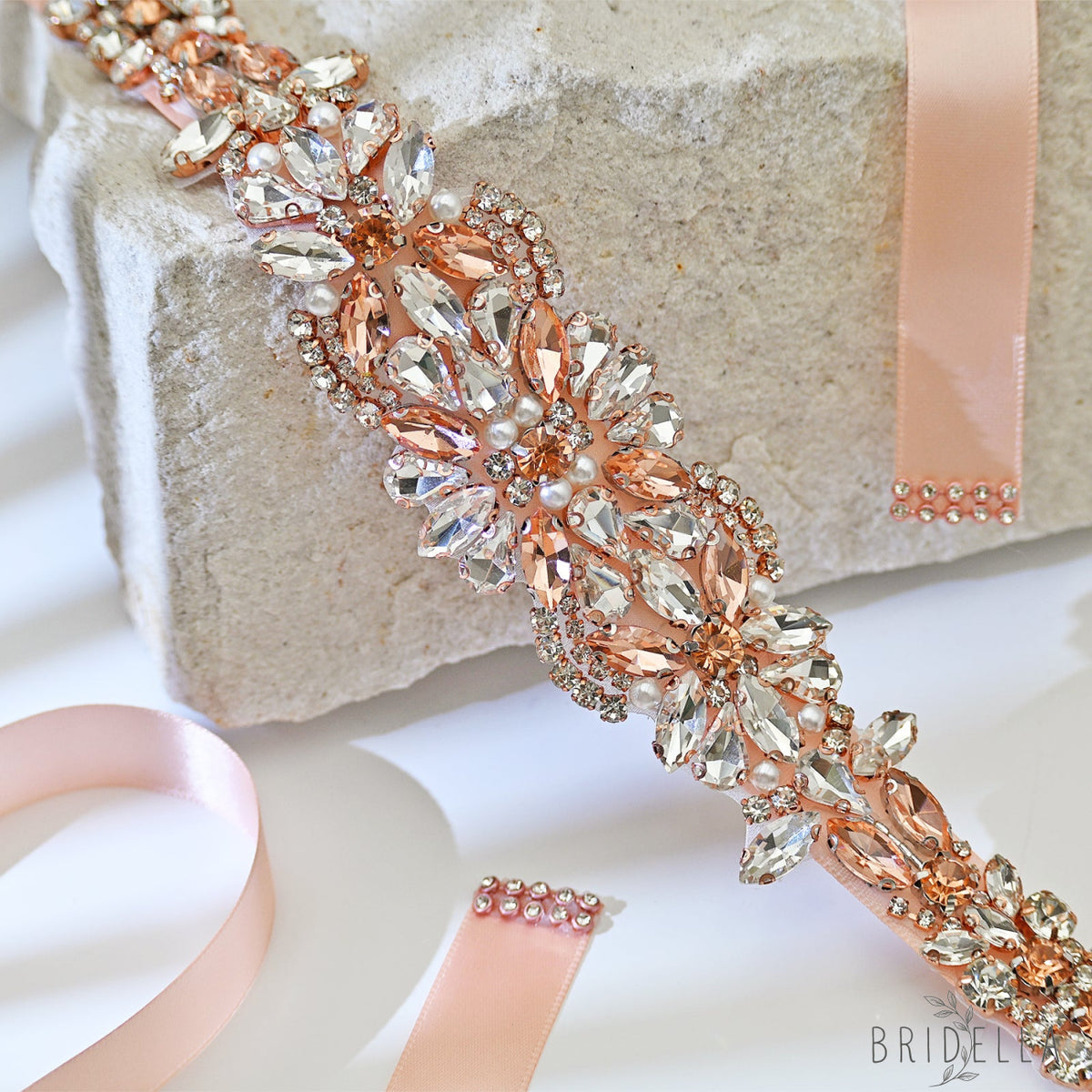 Rose Gold Rhinestone Bridal Dress Belt for Wedding - Bridella BS423-RG - Retro Pink Ribbon - Belts