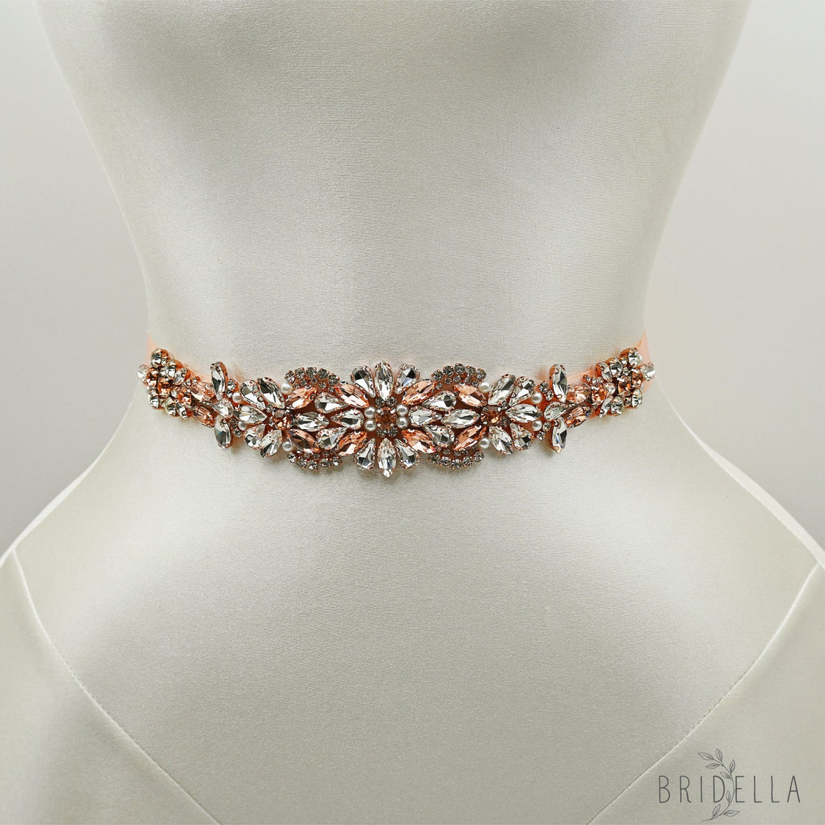 Rose Gold Rhinestone Bridal Dress Belt for Wedding - Bridella BS423-RG - Retro Pink Ribbon - Belts