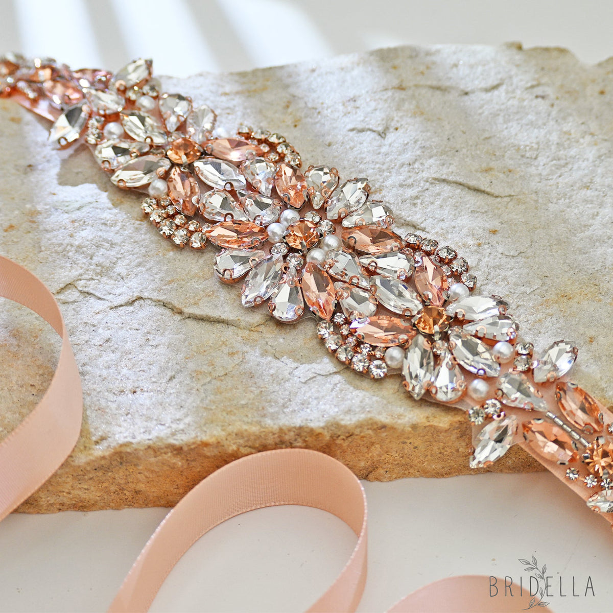 Rose Gold Rhinestone Bridal Dress Belt for Wedding - Bridella BS423-RG - Retro Pink Ribbon - Belts