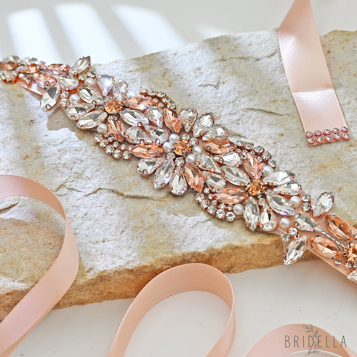 Rose Gold Rhinestone Bridal Dress Belt for Wedding - Bridella BS423-RG - Retro Pink Ribbon - Belts