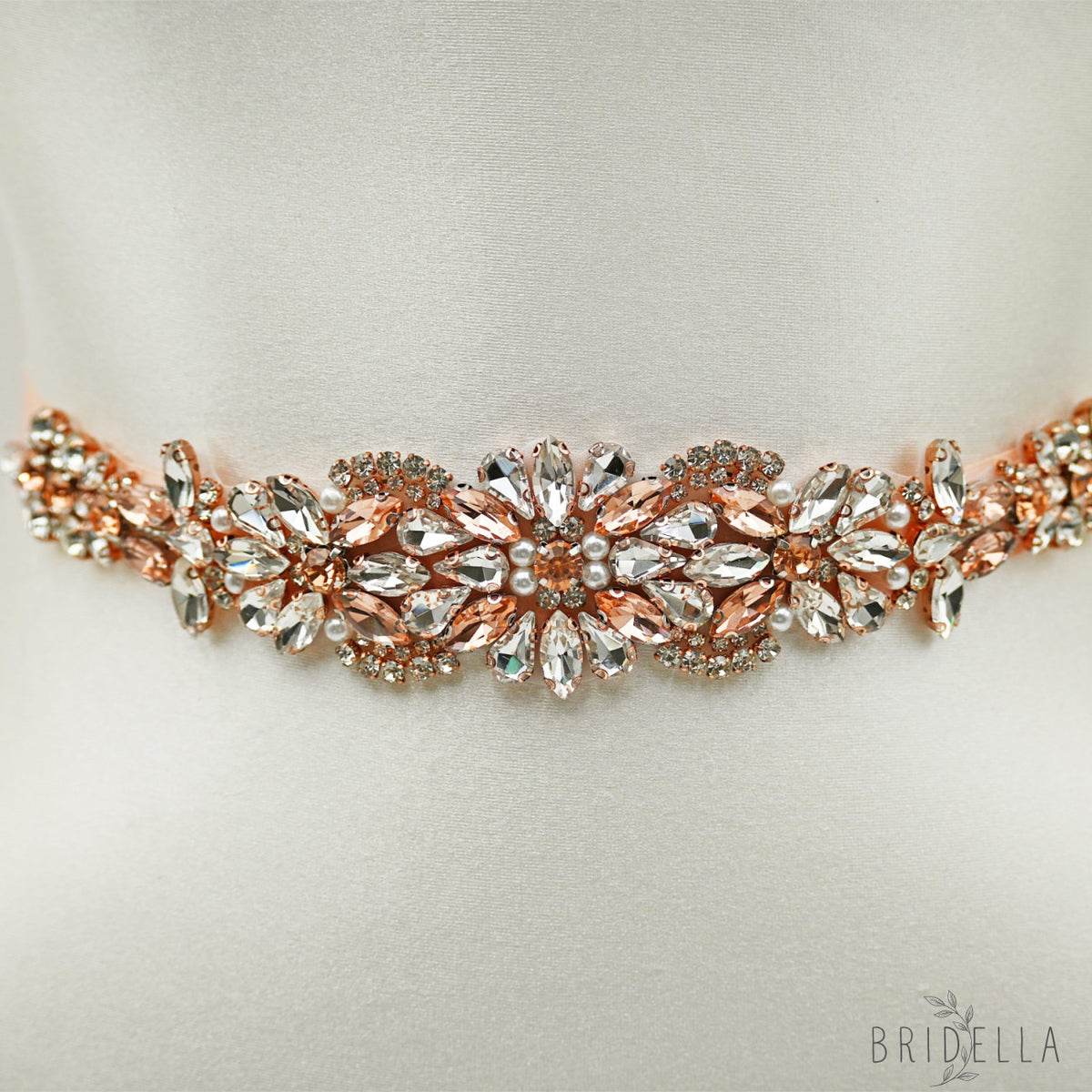 Rose Gold Rhinestone Bridal Dress Belt for Wedding - Bridella BS423-RG - Retro Pink Ribbon - Belts